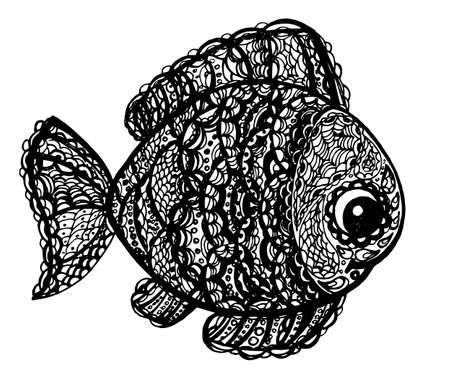 Fish in paisley mehndi doodle style. Cartoon fish illustration. Abstract fish drawing. Black and white color.のイラスト素材