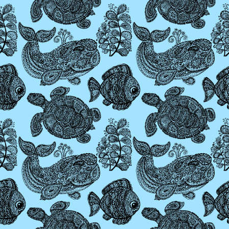 Sea turtle, whale, water plant and fish in doodle paisley mehndi style. Sea life. Animals in the ocean. Set of the sea life. Wallpaper seamless surface textile pattern.の写真素材