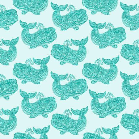 Whale in paisley doodle mehndi style. Hand drawn illustration with whale. Wallpaper seamless textile pattern. Animal in the sea and ocean.の写真素材