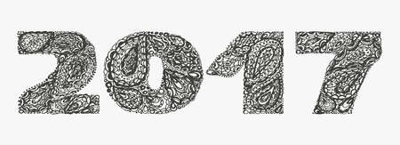 2017 for quote lettering. Happy new year. Decorative Alphabet with a paisley zen doodle tattoo ornaments filling. Display font and numbers. Hand drawn letters in old fashion vintage style.のイラスト素材