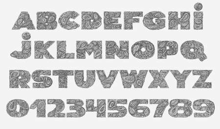 Decorative Alphabet with a paisley zen doodle tattoo ornaments filling. Display font and numbers. Large letters set. Hand drawn letters in old fashion vintage style. Used for quote lettering.のイラスト素材