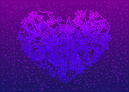 People hands united together in heart form. Illustration of teamwork, solidarity, friendship, partnership, communication, united, meeting, love, amicability, charity. Space cosmic colors.のイラスト素材