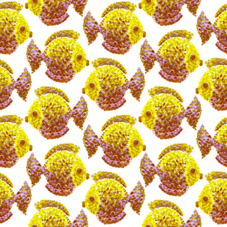 Watercolor gold colorful fishes in pointillism style. Wallpaper seamless pattern. Cartoon hand-drawn...
