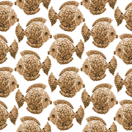 Watercolor fishes in pointillism style. Wallpaper seamless pattern. Cartoon hand-drawn illustration. Abstract drawing on isolated background. Sea world. Swimming animal. Vintage colors.の写真素材