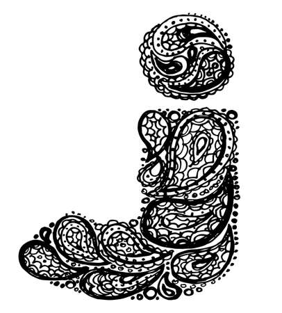 Letter J. Decorative Alphabet with a paisley zen doodle tattoo ornaments filling. Display font and numbers. Hand drawn letters in vintage style. Used for quote lettering.のイラスト素材