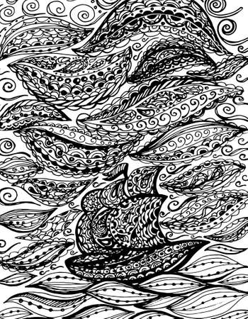 Ship in the sea and storm. Graphic illustration of a boat. Paisley doodle tattoo style. Travel and adventure. Coloring pages for adult.のイラスト素材