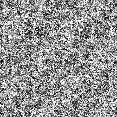 Floral doodle seamless wallpaper pattern. Illustration with paisley ornaments. Textile with hand-drawn flowers.のイラスト素材