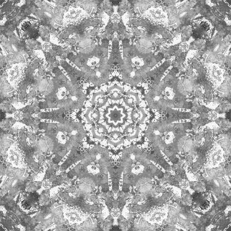 Black and White Grayscale Monochrome Mandala with art handmade texture. Kaleidoscopic sacred geometry element. Alchemy, religion, philosophy, astrology and spirituality themes. Universal background.の写真素材