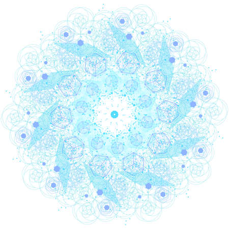 The science and mathematics abstract background with circles, cube, triangles and a lot of lines. Sacred geometry backdrop. The chemistry and astrology. Graphic elements for identity design.のイラスト素材