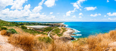 Panoramic view on North Galilee nature and Mediterranean Sea coast from Rosh Hanikra National Park in Israelの写真素材