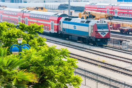 Lod, Israel - April 29, 2014: A large railway junction of Israel Railways located in Lod. Unlike...