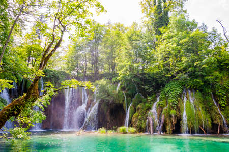 Scenic waterfalls landscape in Plitvice National Park in Croatiaの写真素材