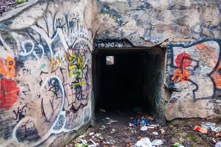 Vilnius, Lithuania - April 28, 2013: Abandoned concrete tunnel full of dirt, trash and graffiti under Gelezinio Vilko street in Vilniusのeditorial素材