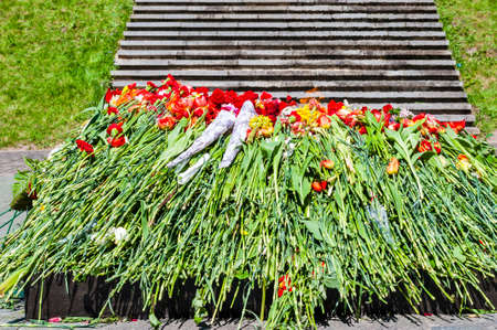 Bunch of vibrant flowers laying down near the eternal flame monument on military cemetery in honor of the day of victory in the world war two on the ninth of May each year in Vilniusの写真素材