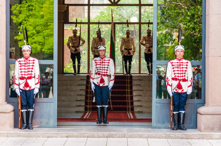 Sofia, Bulgaria - June 17, 2013: Guards changing. National Guards Unit is purely ceremonial, as the security of the President of Bulgaria, members of the government and parliamentのeditorial素材