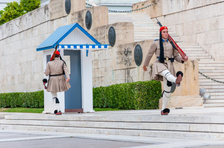 Athens, Greece - June 12, 2013: The Evzones or Evzonoi, the Presidential Guard is a ceremonial infantry unit that guards the Tomb of the Unknown Soldier and the Presidential Mansion in Athens, Greeceのeditorial素材