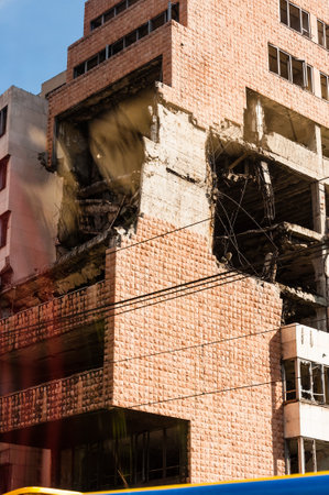 Belgrade, Serbia - June 09, 2013: View from autobus window on destroyed part of downtown building in...