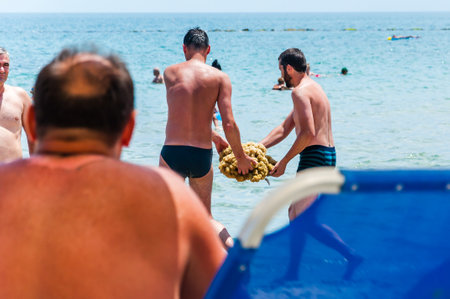 Paralia, Greece - June 14, 2013: Tourists two men found a lying down on the sand big yellow coral thrown from the Aegean sea and talking it back to the sea, trying to save itのeditorial素材