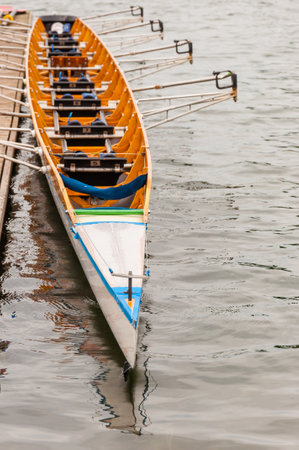 Close-up of an eight that is a rowing boat used in the sport of competitive rowing. It is designed for eight rowers, who propel the boat with sweep oars, and is steered by a coxswain, or cox.のeditorial素材