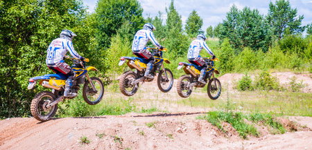 Vilnius, Lithuania - July 14, 2013: A group of amateur motorcyclists practice their manoeuvres. This...