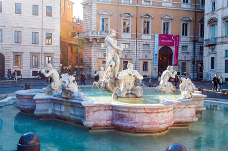 Rome, Italy - November 18, 2018: Fontana del Moro, Moor fountain located at the southern end of Piazza Navona, it represents a Moor, or African, Neptune, standing in a conch shell, wrestling with a dolphin, surrounded by four Tritonsのeditorial素材
