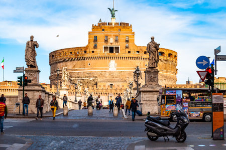 Rome, Italy - November 17, 2018: View on Ponte Sant'Angelo, Aelian Bridge or Pons Aelius, Bridge of Hadrian with famous Castel Sant'Angelo, Castle of the Holy Angel or Mausoleum of Hadrian in the endのeditorial素材