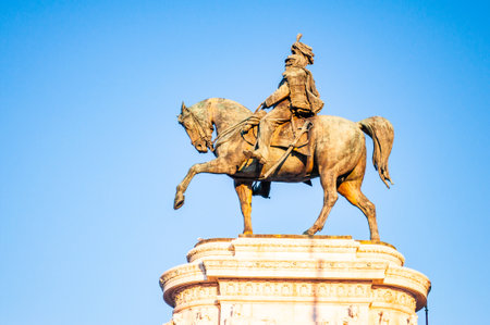 Rome, Italy - November 17, 2018: Bronze statue of the first king of a unified Italy Victor Emmanuel II in the front of The Vittorio Emanuele II Monument, Monumento Nazionale a Vittorio Emanueleのeditorial素材