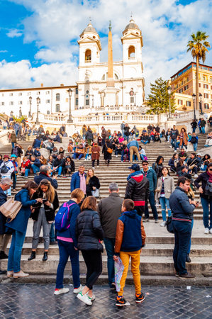 Rome, Italy - November 18, 2018: Piazza di Spagna, Spain square at the bottom of the Spanish Steps, is one of the most famous squares in Rome always full of tourists and locals sitting on the stepsのeditorial素材
