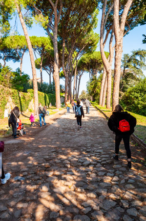 Rome, Italy - November 17, 2018: Scenic evergreen park with growing pines, velvet grass lawns, cozy walkways in between the trees with walking people up the Palatine hill in Romeのeditorial素材