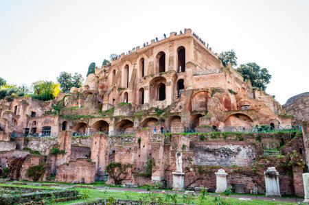 Rome, Italy - November 17, 2018: View on Domus Tiberiana palace remains ruins as a part of west edge of Palatine hill with highest panoramic viewpoint on Roman Forum from above the siteのeditorial素材