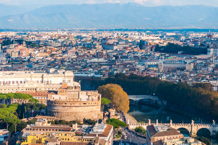 Vatican, Rome, Italy - November 16, 2018: Rome cityscape urban skyline view with the Mausoleum of Hadrian, known as Castel Sant'Angelo, Castle of the Holy Angel or St. Angel castle on foregroundのeditorial素材
