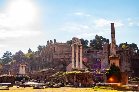 Rome, Italy - November 17, 2018: View on the Temple of Castor and Pollux and on Domus Tiberiana palace remains ruins as a part of west edge of Palatine hill with highest viewpoint on Forumのeditorial素材