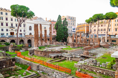 Rome, Italy - November 17, 2018: Largo di Torre Argentina is a square in Rome, Italy, with four Roman Republican temples and the remains of Pompey's Theatre. It is in the ancient Campus Martiusのeditorial素材