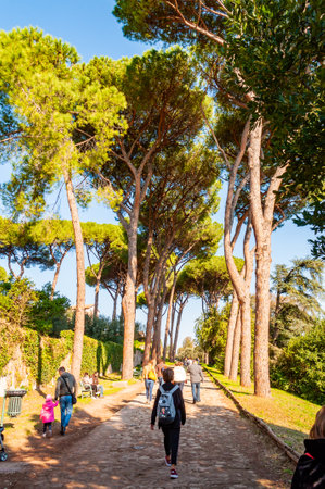 Rome, Italy - November 17, 2018: Scenic evergreen park with growing pines, velvet grass lawns, cozy walkways in between the trees with walking people up the Palatine hill in Romeのeditorial素材