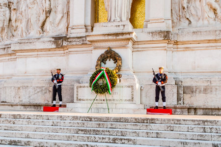 Rome, Italy - November 17, 2018: Sailors stand guard at the tomb of the unknown soldier at the monument to Vittorio Emanuele II, the Vittoriano in central Romeのeditorial素材