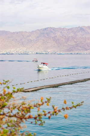 Eilat, Israel - March 21, 2017: View through the southern flora plants on Dolphins Beach with floating boats in Eilat, Israelのeditorial素材