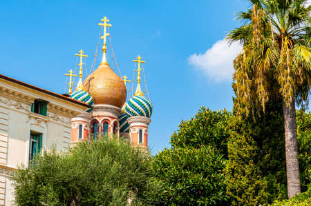 Sanremo, Italy - September 01, 2019: Vibrant saturated colorful domes of the Russian Orthodox Church in Sanremoの写真素材