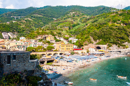 Monterosso Al Mare, Italy - September 02, 2019: The famous landscape of Monterosso Al Mare. Green...