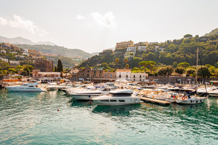 Vico Equense, Naples, Italy - September 05, 2019: The port, commercials docks, urban cityscape and rocky surroundings of Vico Equensea a coastal town and comune in the Metropolitan City of Naplesのeditorial素材