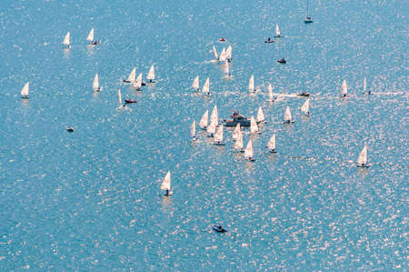Garda lake, Lombardy, Italy - September 12, 2019: View from above on sailing training. Many sailing...