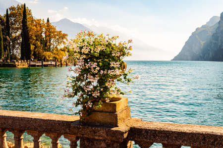 Beautiful Garda lake promenade with classic stone fence railings built on the edge with flowerpots with blooming white flowers. Garda lake surrounded by high dolomite mountains on the backgroundの写真素材