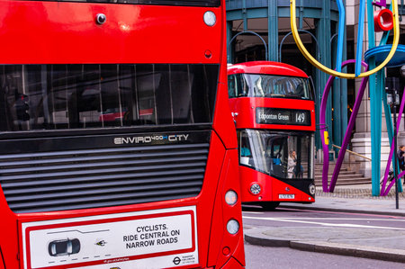 London, United Kingdom - September 14, 2017: Traditional London red buses on foreground and background in downtownのeditorial素材