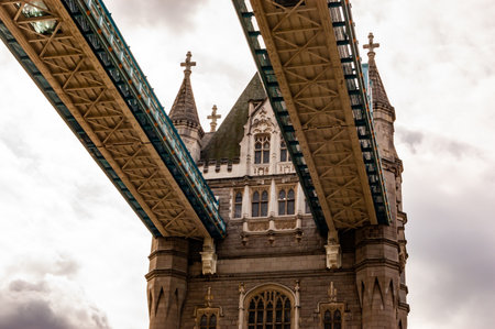London, United Kingdom - September 14, 2017: The upper bridge levels of the famous Tower bridge in London from below.のeditorial素材