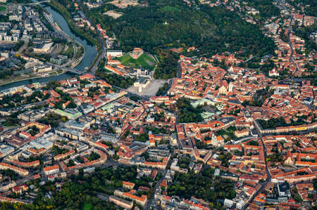 Scenic view on central part of Vilnius capital of Lithuania from hot air balloon. Old Town cityscape view from the skyの写真素材