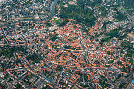 Scenic view on central part of Vilnius capital of Lithuania from hot air balloon. Old Town cityscape...