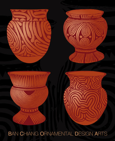Set of hand-drawn vases with patterns. Vector illustration. Thai Ancient PAINTED Pottery Earthtoneの素材