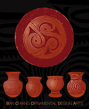 Vector set of thai vases. Hand drawn vector illustration, Thai Ancient PAINTED Pottery Earthtone.の素材