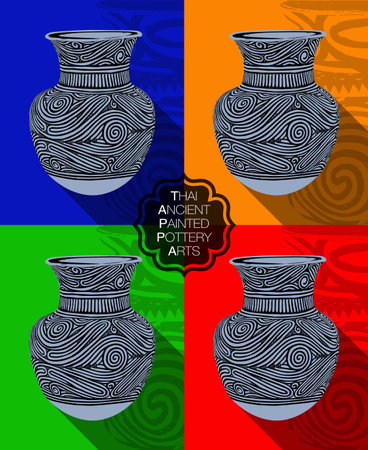 Set of vector decorative vases. Hand drawn pottery, Ancient PAINTED Pottery Vector illustration, BAN CHIANG, Udon Thani, Thailand.の素材