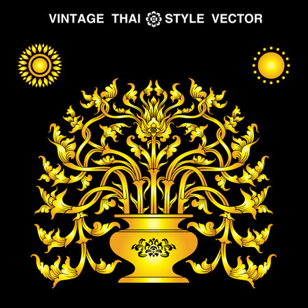 VINTAGE THAI STYLE VECTOR ART Vase01, golden vase on black background.のイラスト素材
