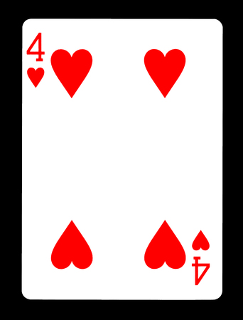 Four of hearts playing card, isolated on black background.の写真素材